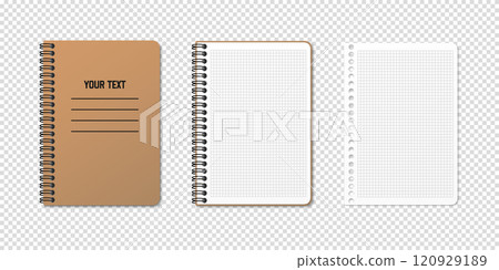 Vertical spiral spring notepad with space for your image or text on transparent background in three variations. Checkered sheet. Notebook vector clipart illustration. Top view Vertical spiral spring notepad with space for your image or text on transparent background in three variations. Checkered sheet. Notebook vector clipart illustration. Top view 120929189