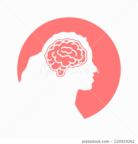 Human brain on woman or girl head red icon for apps and websites on white background. Vector clipart illustration Human brain on woman or girl head red icon for apps and websites on white background. Vector clipart illustration 120929262
