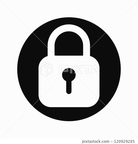 White padlock in black circle icon design on isolated white background. Vector clipart illustration. Lock sign for website or app 120929285