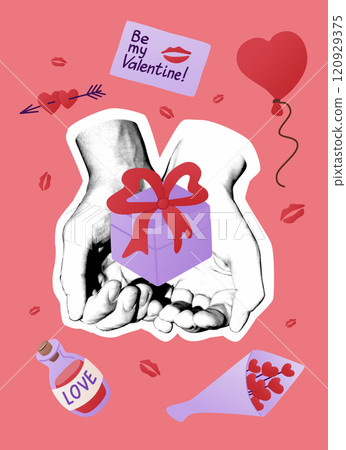 Creative Valentines Day collage with hands holding gift box, surrounded by romantic symbols like hearts, love note, and balloon on pink background. Mixed media vector holiday poster 120929375