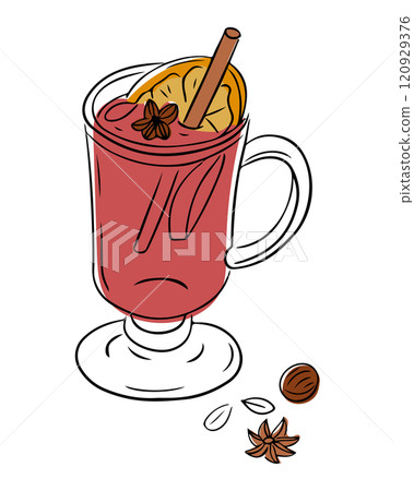 Illustration of glass of mulled wine with cinnamon stick, dried orange slice, and star anise, surrounded by festive spices. Vector contour drawing isolated on white background 120929376