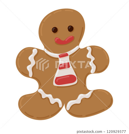 Cute gingerbread man flat illustration with red and white striped tie, decorated with icing details, representing festive Christmas spirit. Vector drawing on white background 120929377