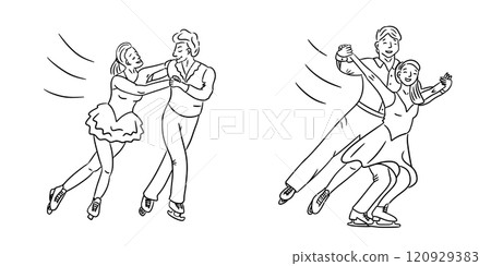 Black and white line art of figure skating couples performing graceful moves, highlighting balance, elegance, and teamwork in dynamic and artistic style. Vector winter sport illustration 120929383