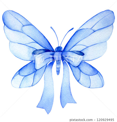watercolor drawing, butterfly with bow and blue ribbon. watercolor drawing, butterfly with bow and blue ribbon. 120929495