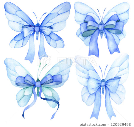 watercolor drawing, set of butterflies with bows and blue ribbons watercolor drawing, set of butterflies with bows and blue ribbons 120929498