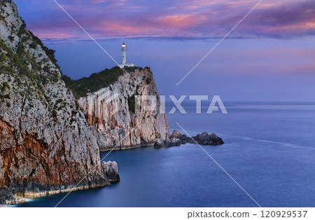 Lefkada Lighthouse at sunset, Ionian Sea, Greece 120929537