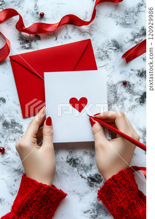 Hands creating message on a card with a red heart, surrounded by ribbon accents Hands creating message on a card with a red heart, surrounded by ribbon accents 120929986