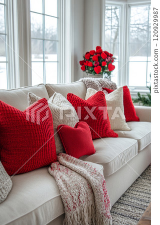 Romantic living room with red and white decor 120929987