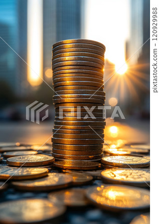 Stack of gold coins illuminated by sunlight, with a blurred cityscape in the background 120929988