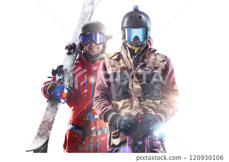 Two skiers. Winter Sport background. Sport emotion. Skiing poster. Action. Winter sport. Isolated on white 120930106