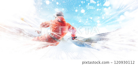 Skis. A skier in a red ski suit goes down a mountain slope at maximum speed. A man in action. View from behind. Snow flies into the camera from under the skis. Snowstorm Skis. A skier in a red ski suit goes down a mountain slope at maximum speed. A man in action. View from behind. Snow flies into the camera from under the skis. Snowstorm 120930112