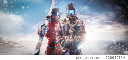 Skiing. Portrait of two skiers in the mountains. Mockup. Background. Beautiful empty winter background. Winter action sport. Panorama Skiing. Portrait of two skiers in the mountains. Mockup. Background. Beautiful empty winter background. Winter action sport. Panorama 120930114