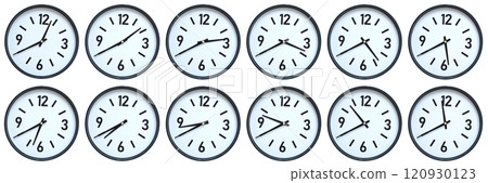 Set of photography of Isolated Minimalist Round Wall Clocks with Black Frames Showing Different Times from 12:40 to 11:40 for Deadline and Time Management Concepts Set of photography of Isolated Minimalist Round Wall Clocks with Black Frames Showing Different Times from 12:40 to 11:40 for Deadline and Time Management Concepts 120930123