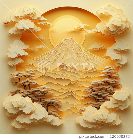 A cutout of Mount Fuji shining golden in the morning sun A cutout of Mount Fuji shining golden in the morning sun 120930273