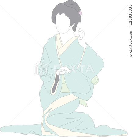 A seated woman in a kimono, a scene from a Japanese dance performance A seated woman in a kimono, a scene from a Japanese dance performance 120930339
