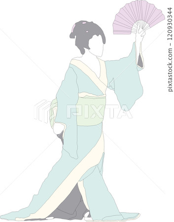 一個穿著和服的女人拿著扇子,日本舞蹈的場景 一個穿著和服的女人拿著扇子,日本舞蹈的場景 120930344