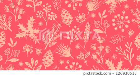 Christmas pattern. Seamless floral vector. Crayon pastel plant. Winter and Christmas flower background. Pink holiday design with mistletoe, branch, berry. Red crayon childish element. Cute pattern bg 120930513