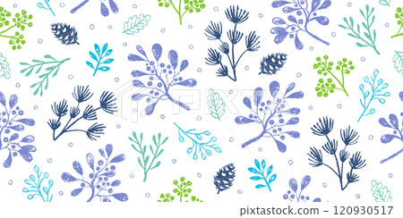 Christmas floral pattern. Seamless mistletoe pine branch berry vector. Crayon pastel plant. Winter Christmas flower background. Green blue chalk holiday design. Crayon childish element. Cute pattern 120930517