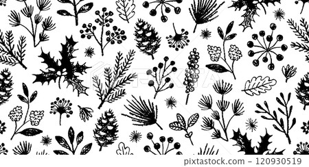 Winter branch pattern. Vector Christmas tree. Crayon pine plant seamless. White black hand drawn mistletoe, fir pine, holly branch, Christmas tree pattern. Line Xmas background. Charcoal floral winter 120930519