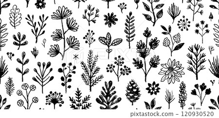 Floral pattern. Flower seamless background. Black white abstract vector. Flower leaf plant branch black crayon silhouette. Hand drawn doodle brush floral pattern. Seamless simple print. Spring coal bg 120930520