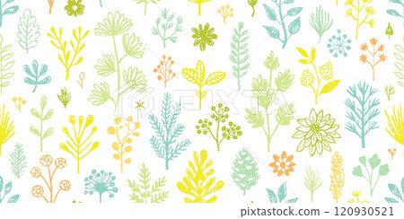 Floral pattern. Seamless spring flower crayon hand drawn abstract vector. Yellow brush background. Small pencil plant. Pastel pattern design. Organic floral illustration texture. Simple paint bloom bg 120930521