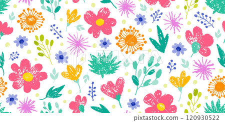 Flower crayon. Pastel chalk pattern. Child vector, spring seamless background. Floral cute kid color wax pattern. Childish pencil flower. Childlike drawing with daisy, grass, bloom. Seamless crayon bg Flower crayon. Pastel chalk pattern. Child vector, spring seamless background. Floral cute kid color wax pattern. Childish pencil flower. Childlike drawing with daisy, grass, bloom. Seamless crayon bg 120930522