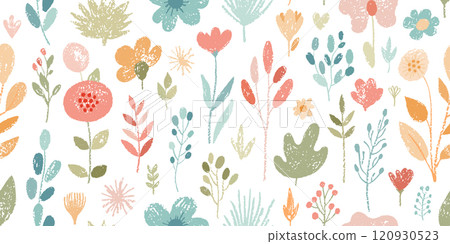 Flower crayon. Pastel chalk pattern. Child vector, spring seamless background. Floral cute kid color wax pattern. Childish pencil flower. Childlike drawing with daisy, grass, bloom. Seamless crayon bg Flower crayon. Pastel chalk pattern. Child vector, spring seamless background. Floral cute kid color wax pattern. Childish pencil flower. Childlike drawing with daisy, grass, bloom. Seamless crayon bg 120930523