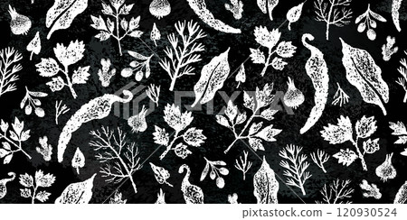 Spice pattern. Food background. Chalk board with pepper garlic chili basil rosemary vector. Black chalkboard, crayon illustration seamless pattern. Kitchen spicy background. Hot spice drawing texture Spice pattern. Food background. Chalk board with pepper garlic chili basil rosemary vector. Black chalkboard, crayon illustration seamless pattern. Kitchen spicy background. Hot spice drawing texture 120930524