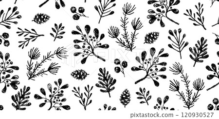 Winter plant pattern. Christmas seamless floral background. Crayon mistletoe forest. Holiday vector print. Vintage charcoal winter seamless pattern. Christmas flower wallpaper. Coal floral white bg 120930527