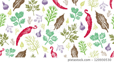 Spice pepper pattern. Food seasoning and herb sketch. Indian cook background. Crayon kitchen ingredient vector texture. Seamless hand drawn chalk doodle pattern. Spice pepper seasoning background 120930530