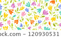 Flower pattern. Floral seamless background. Simple spring tulip. Crayon abstract vector hand drawn illustration. Easter spring floral pattern. Chalk crayon doodle print. Simple flower brush design bg 120930531