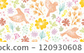 Bird flower pattern. Seamless floral vector spring background. Crayon wallpaper garden design. Abstract bird animal plant leaf flower print. Simple pastel illustration. Vintage cute Easter pattern bg 120930608