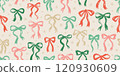 Bow pattern. Christmas seamless vintage ribbon vector illustration. Gift drawing, cute present crayon design. Colorful doodle hand drawn bow pattern. Seamless ribbon print background. Pink silhouette 120930609