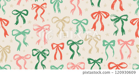 Bow pattern. Christmas seamless vintage ribbon vector illustration. Gift drawing, cute present crayon design. Colorful doodle hand drawn bow pattern. Seamless ribbon print background. Pink silhouette 120930609
