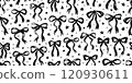 Bow ribbon pattern seamless. Vector print with white and black Christmas background. Cute crayon bows. Simple charcoal small trendy ribbon for Birthday, Christmas, Halloween. Basic doodle knot pattern 120930611