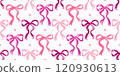 Bow pattern. Pink ribbon seamless print. Cute crayon flirtatious background. Coquette vintage repeat feminine bow pattern. Watercolor pink pretty ribbon seamless vector. Brush, pencil cute girl design 120930613