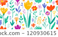 Flower crayon. Pastel chalk pattern. Child vector, spring seamless background. Floral cute kid color wax pattern. Childish pencil flower. Childlike drawing with daisy, grass, bloom. Seamless crayon bg 120930615