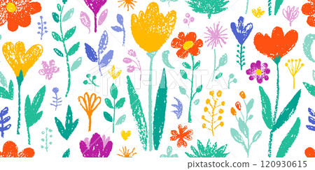 Flower crayon. Pastel chalk pattern. Child vector, spring seamless background. Floral cute kid color wax pattern. Childish pencil flower. Childlike drawing with daisy, grass, bloom. Seamless crayon bg Flower crayon. Pastel chalk pattern. Child vector, spring seamless background. Floral cute kid color wax pattern. Childish pencil flower. Childlike drawing with daisy, grass, bloom. Seamless crayon bg 120930615