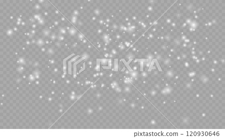 Realistic falling snow with snowflakes and clouds. Heavy snowfall, snowflakes in different shapes and forms. Many white cold flake elements on transparent background. Snowfall. Falling Snowflakes 120930646
