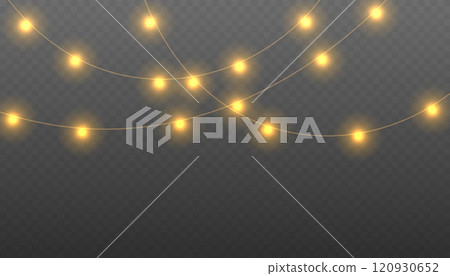 Christmas light png garlands. Set of Christmas glowing garlands. Festive Christmas gold garlands, dust, sparkle, and a star. 120930652