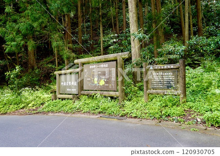 A map of the Chugoku Nature Trail and Tsuwa trails near the Tsuwano Castle Ruins sightseeing lift station, and a sign for Tsuwano Taikodani Inari Shrine, Shimane Prefecture 120930705