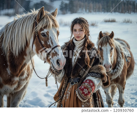 Woman with horses in a field. 120930760