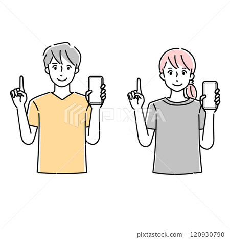 Illustration material of a man and woman holding a smartphone and pointing 120930790