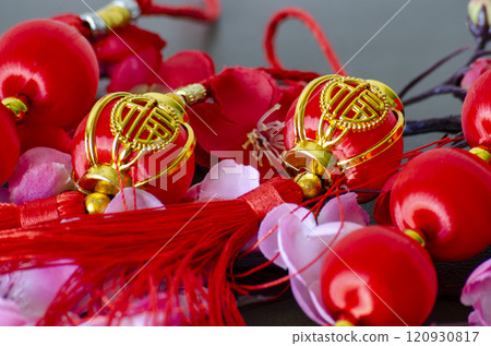 Close up of Chinese New Year decoration on black background. Chinese New Year celebration and New Year concept 120930817
