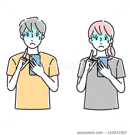 Men and women having trouble with their smartphones 120931007