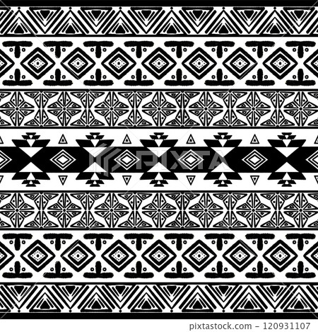 Indian ethnic tribal fabric pattern combines black and white tones with the timeless beauty of Ikat-inspired designs. The ethnic of Ikat detailing creates a unique and ethnic striking Perfect for  120931107