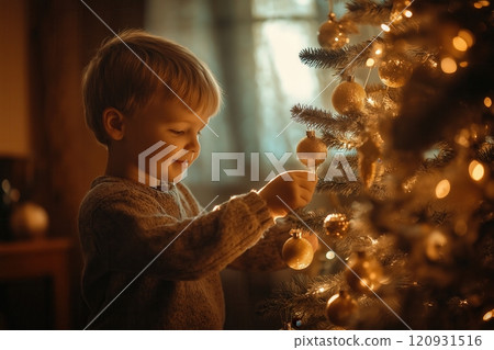 Little boy decorating christmas tree in cozy room 120931516