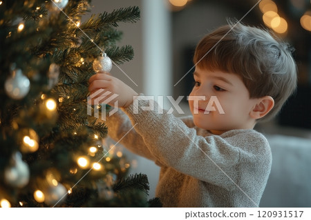 Little boy decorating christmas tree in cozy room Little boy decorating christmas tree in cozy room 120931517