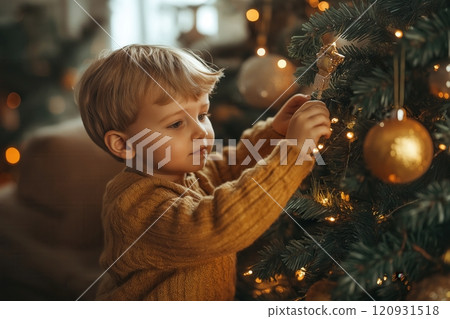Little boy decorating christmas tree in cozy room 120931518