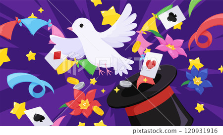 Background illustration of various things popping out of a top hat with magic tricks_16:9 120931916